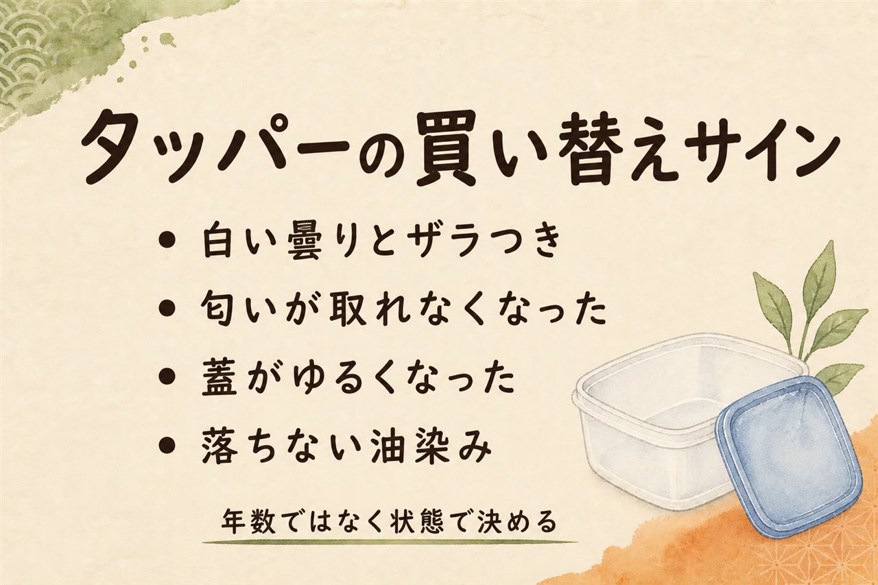 タッパーの買い替えサイン早見カード:白い曇りが取れない、内側がザラつく、匂いが染みついた、蓋が緩んで密閉できない、油染みと色移りが落ちない、の5つ。変形やひび割れた容器はレンジ加熱NGで即引退