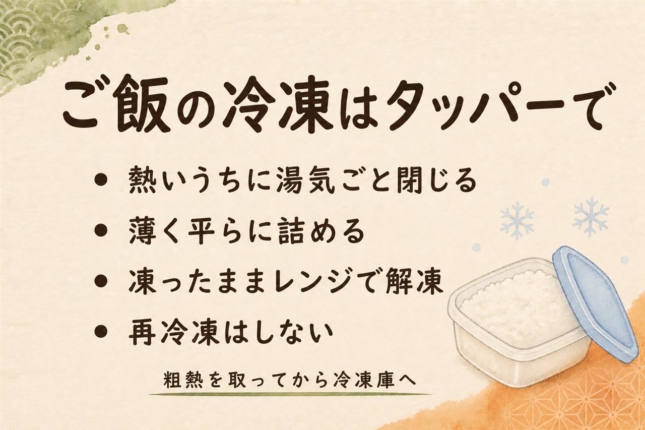 ご飯とお弁当の冷凍カード:熱いうちに湯気ごとフタをして厚さ2〜3cmに、冷凍庫へは粗熱後、解凍は凍ったまま600Wで2分〜2分半、じゃがいも・生野菜・マヨ和えは冷凍弁当に不向き、再冷凍はNG