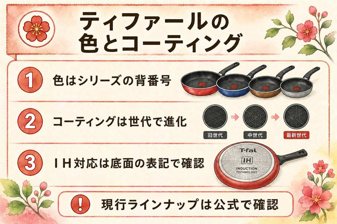 ティファールのコーティング見分けカード:名前の後ろ半分がコーティング等級で色の名前がシリーズ、フッ素樹脂はチタン・インテンス・フォース・アンリミテッドの4段階、エクセレンスはフォースの欄、頭にIHが付けばIH対応、セラミックのイノセラムは別系統