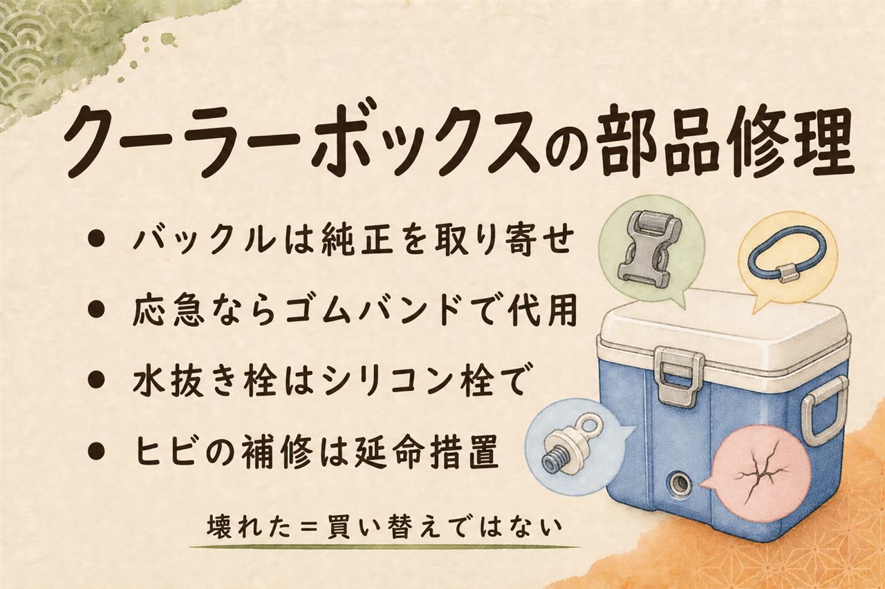 クーラーボックス部品トラブル対処カード:バックル破損は荷締めベルトで応急し純正部品へ、水抜き栓紛失はシリコン栓で応急、水漏れは栓・パッキン・ヒビの順に切り分け、ヒビのコーキングは延命措置、応急処置のままの長期使用はNG