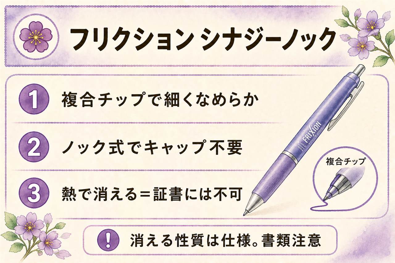 フリクションのノック式の選び分けカード:シナジーノックはシナジーチップ搭載で0.3〜0.5mmの細字特化、ポイントノック04は細身軸の0.4mm専用、ボールノックは定番、ノックゾーンは濃く長く書ける上位モデル、証書類や宛名書きには使用不可