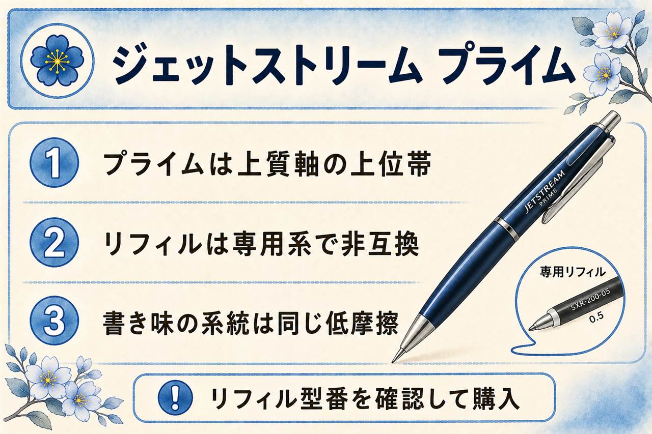 ジェットストリームの選び分けカード:インクの土台は全モデル共通、スタンダードは気軽な定番、ライトタッチ系は新インク搭載、プライムは上質軸と専用金属リフィルで長く使う1本、リフィル規格は別系統なので型番確認が必要