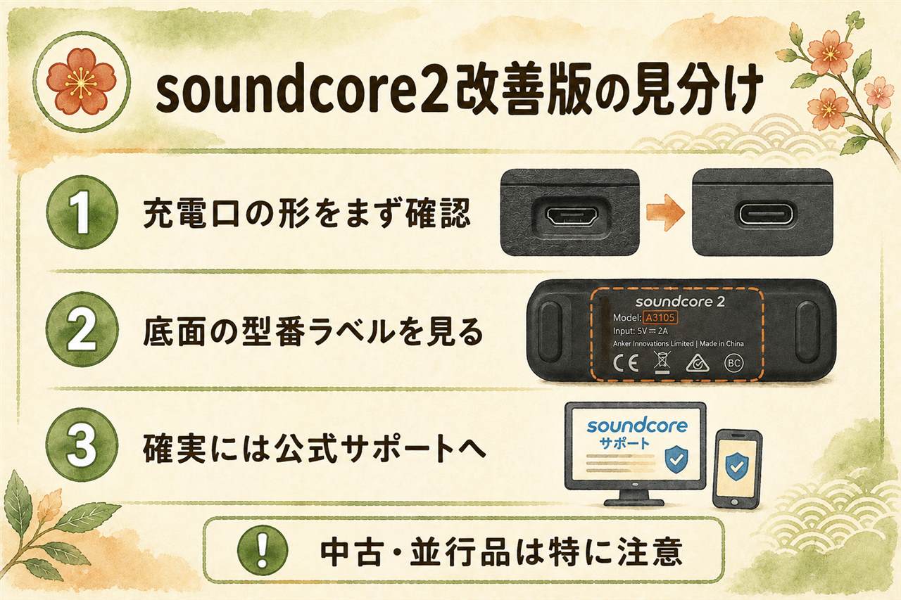 soundcore 2の改善版を見分けるカード:改善版は公式名ではなく流通上の呼び名、見分けは充電口の形と底面の型番ラベル、確実にはAnker公式サポートに型番とシリアルを伝えて確認、中古はバッテリー劣化と端子の状態と保証窓口を確認、充電しながらの水回り使用は厳禁