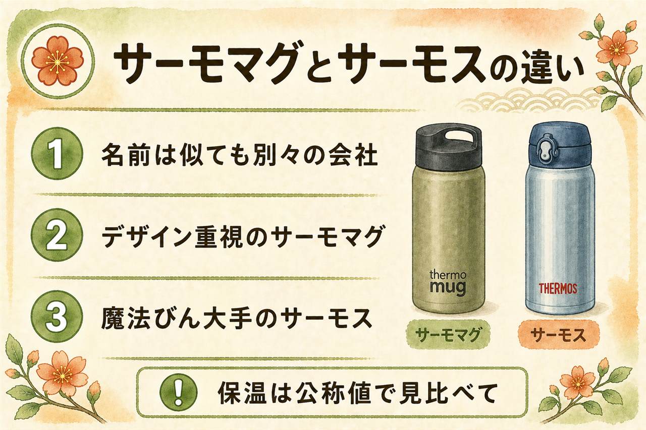 サーモマグとサーモスの違いカード:別々の会社の別ブランドで、thermo mugは2000年日本生まれのデザイン系、サーモスは1904年ドイツ発祥で日本では日本酸素ホールディングス系の魔法びん専業、名前が似るのは語源が同じギリシャ語の熱だから、デザインで選ぶならthermo mug、保温スペック優先なら魔法びん専業