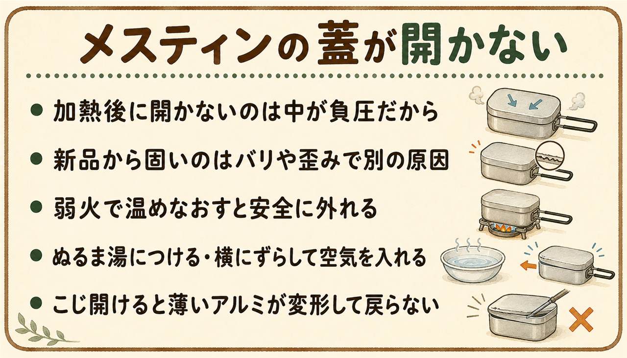 メスティンの蓋が開かない時の早見カード:加熱後に開かないのは中の空気が冷えて縮み蓋が大気圧で押さえつけられた負圧が原因で弱火で数十秒温めなおすかぬるま湯につける、蓋は真上に引かず横にずらして隙間から空気を入れる、新品から固いのはバリや歪みで少しずつ動かして馴染ませる、こじ開けや落とすのは変形するので禁止、加熱直後は乾いた厚手の布かグローブを使う