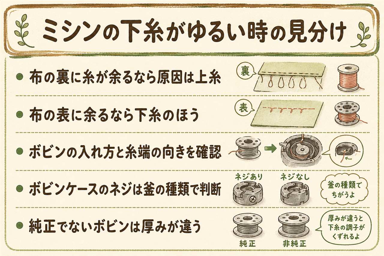 ミシンの下糸がゆるい時の早見カード:布の裏に糸が余るなら原因は上糸で押さえを上げて上糸をかけ直す、表に余るなら原因は下糸でボビンの向きと糸をみぞに通し切っているかを確認、糸端を引いて一定の抵抗があれば正しい、ボビンケースのネジは垂直釜なら小さいほうだけ少しずつ・水平釜は取扱説明書を確認、ボビンは機種指定のものにそろえる、糸調子ダイヤルは最後、針や釜にさわる前は必ず電源を切る