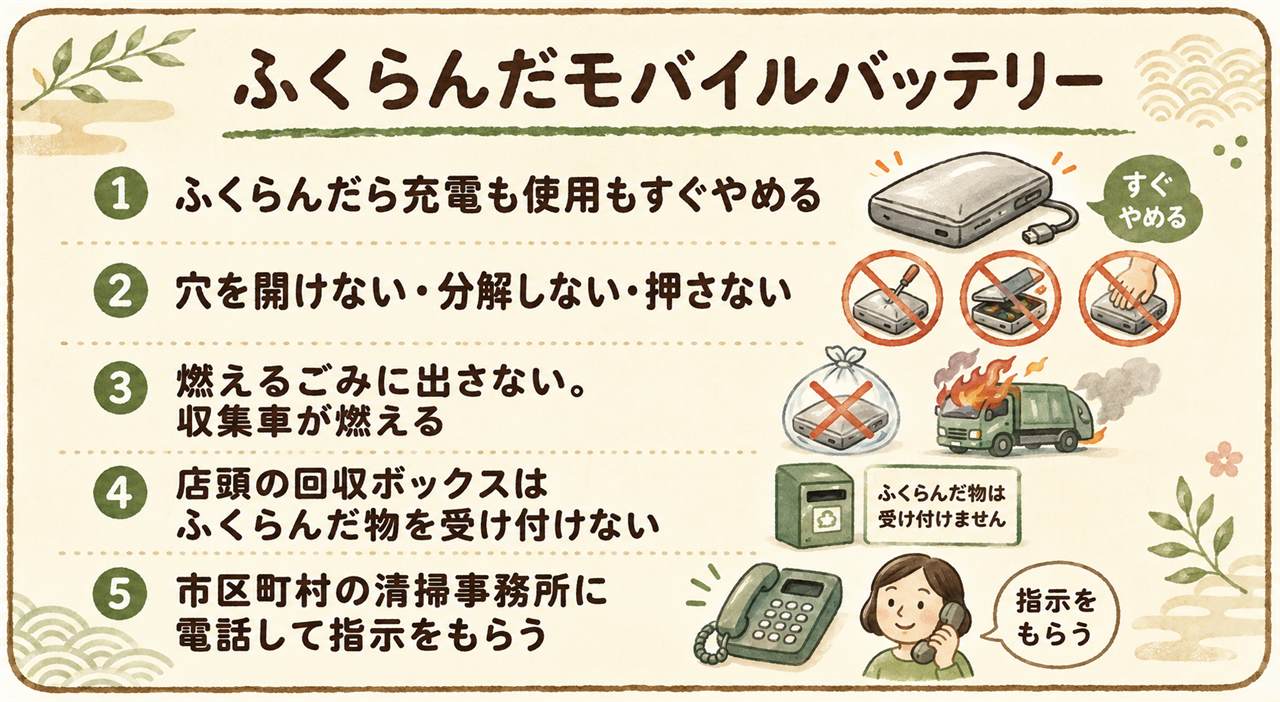 膨らんだモバイルバッテリー早見カード:まず充電と使用をやめる、穴を開けない分解しない押さない水につけない、燃えるごみに出さない、店頭回収ボックスとJBRCは膨張品を受け付けない、市区町村の清掃事務所に電話して膨らんでいると伝える、端子はテープで覆い袋は密閉しない、発熱や異臭があれば離れて119番
