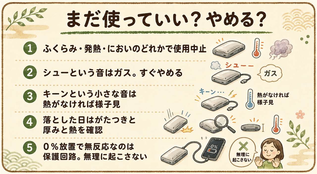 モバイルバッテリー危険サイン早見カード:ふくらみ発熱においのどれかがあれば使用中止、シューという音は即中止でキーンという電子音は熱がなければ様子見、落とした後はがたつきと厚みと充電中の熱を確認し翌日も触る、0パーセント放置は過放電で保護回路の停止のため無理に復活させない、保管は残量半分で車内に置かない