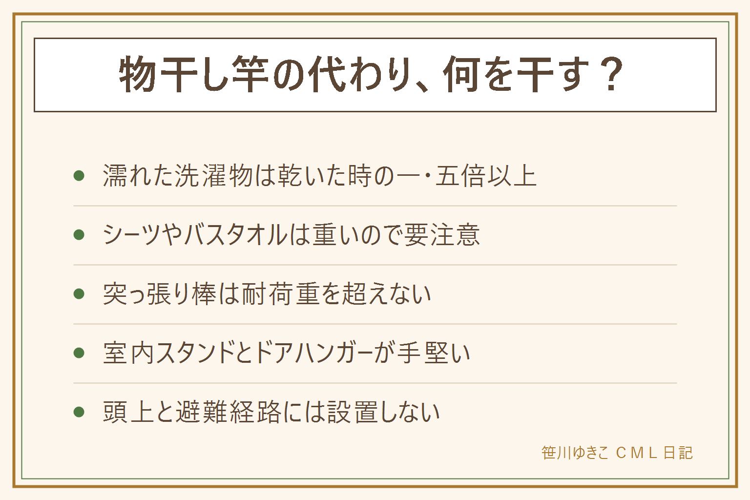 物干し竿の代わり早見表カード:濡れた洗濯物は乾いた状態の1.5倍から2倍の重さ、軽いもの2キロまでは鴨居フックやドアハンガーやバネ式の突っ張り棒、中くらい2から5キロはジャッキ式の突っ張り棒か室内物干しスタンド、重いもの5キロ以上は床置きスタンドと浴室の乾燥機能とコインランドリー、突っ張り棒は伸ばすほど弱く横向きの力に弱い、耐荷重を超えて使わない、人の頭上や寝ている場所の真上に設置しない、避難経路をふさがない、カーテンレールに干さない、強風の日はベランダから取り込む、手すりへの直干しは規約の確認を