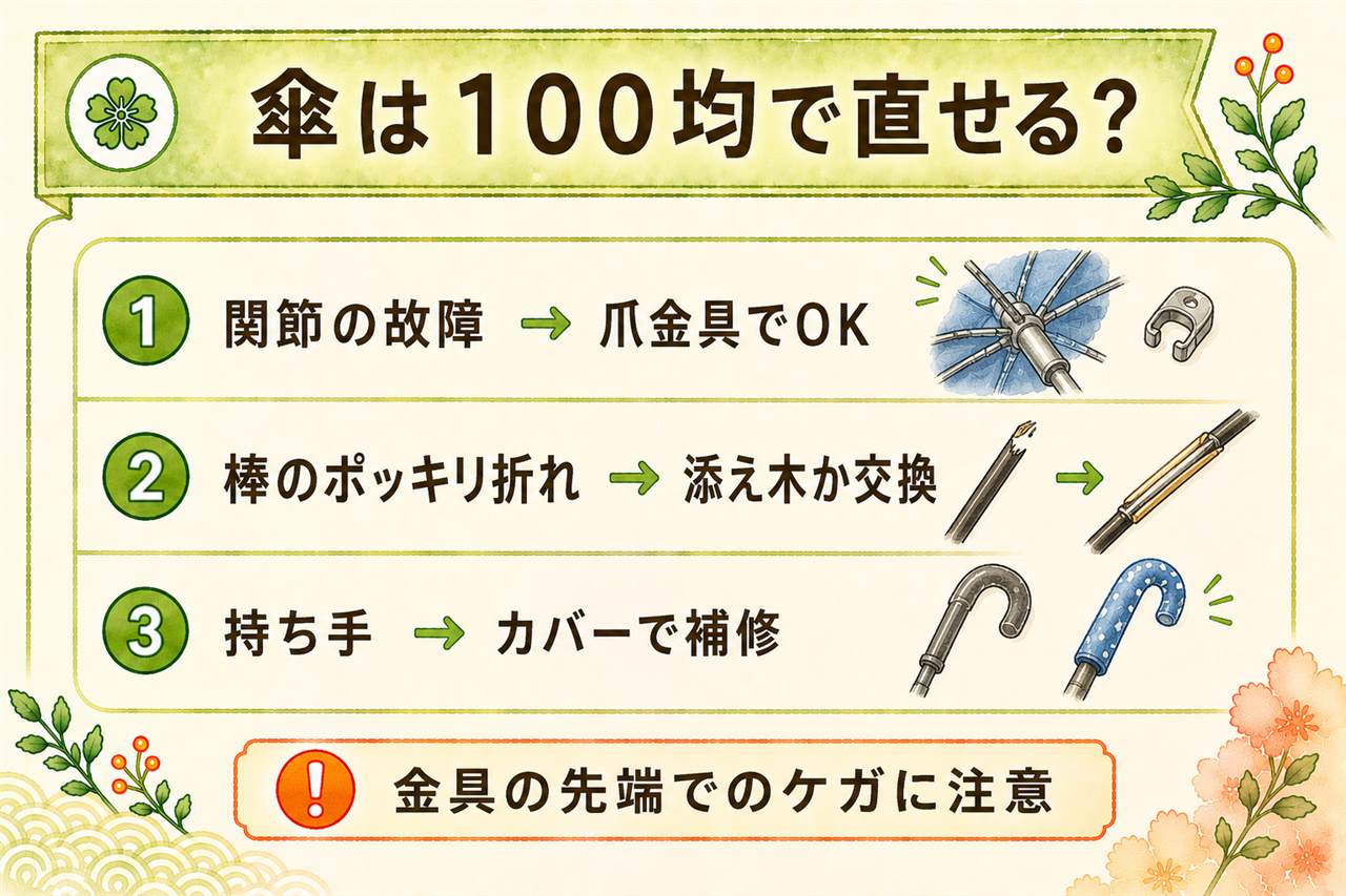 傘の100均修理早見カード:骨の棒折れとつゆ先と糸切れはダイソーの110円傘修理セットで直せる、関節と持ち手は部品が合えば直せる、ろくろ割れと全体のゆがみは修理店か買い替え、爪金具の作業は軍手とペンチ必須
