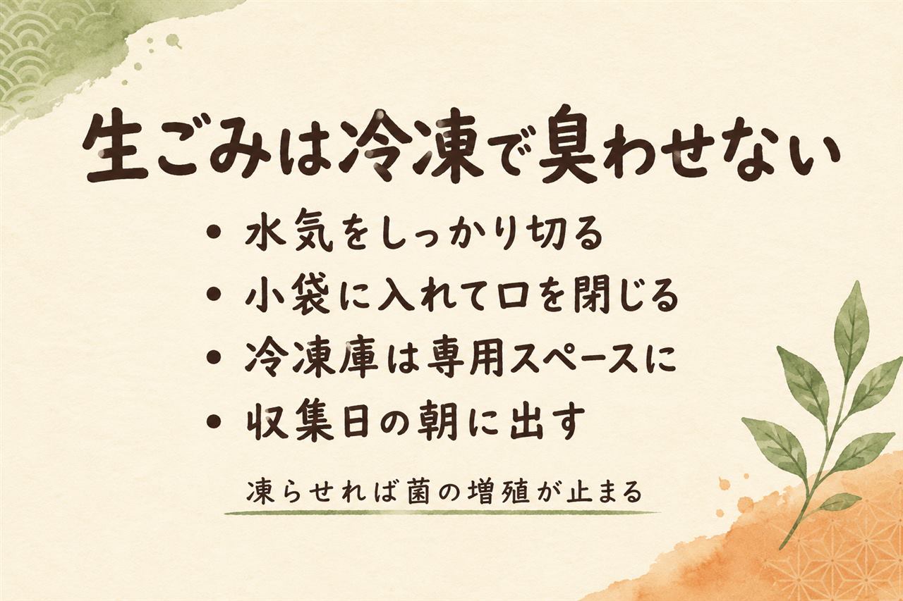 生ごみ冷凍の早見カード:臭いの正体は菌の分解ガス、冷凍で増殖と腐敗が止まる、水気を切って小袋二重で専用スペースへ、収集日の朝に凍ったまま出す、菌は死なないので解凍したら即処分、代替は防臭袋・新聞紙・冷蔵
