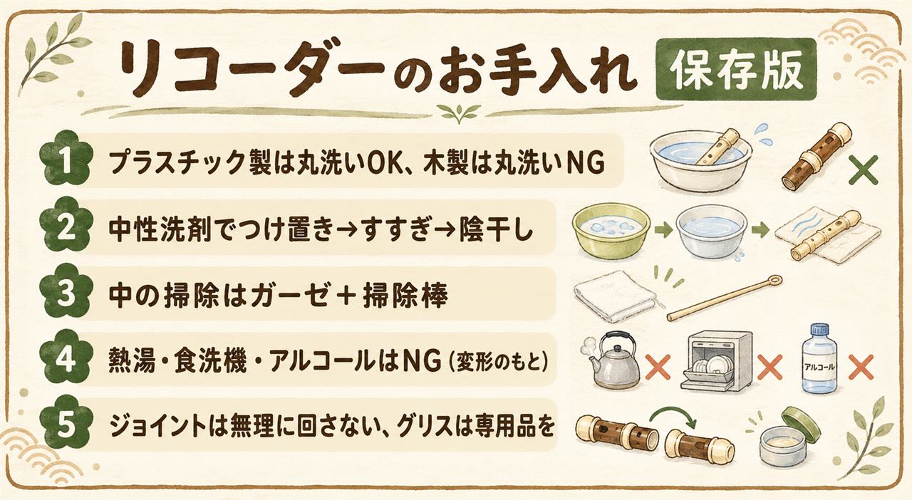 リコーダーの洗い方カード:プラスチック製は中性洗剤のぬるま湯につけ置きで丸洗いOK、すすいで掃除棒とガーゼで拭き日かげで完全乾燥。熱湯・食洗機・アルコール・塩素系漂白剤はNG、木製は水洗い不可、グリスは専用品を米粒以下