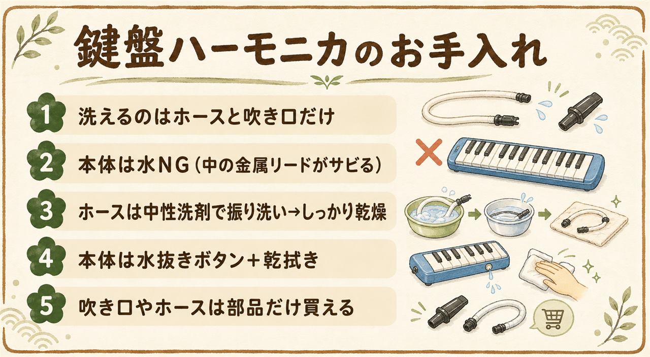 鍵盤ハーモニカの洗い方カード:ホースと吹き口は中性洗剤でつけ置き洗いOK、本体は金属リードが錆びるため水洗い厳禁で水抜きボタンと乾拭きで手入れ、黒カビの見えるホースは交換、吹き口とホースは型番を確認して純正部品を単品購入できる