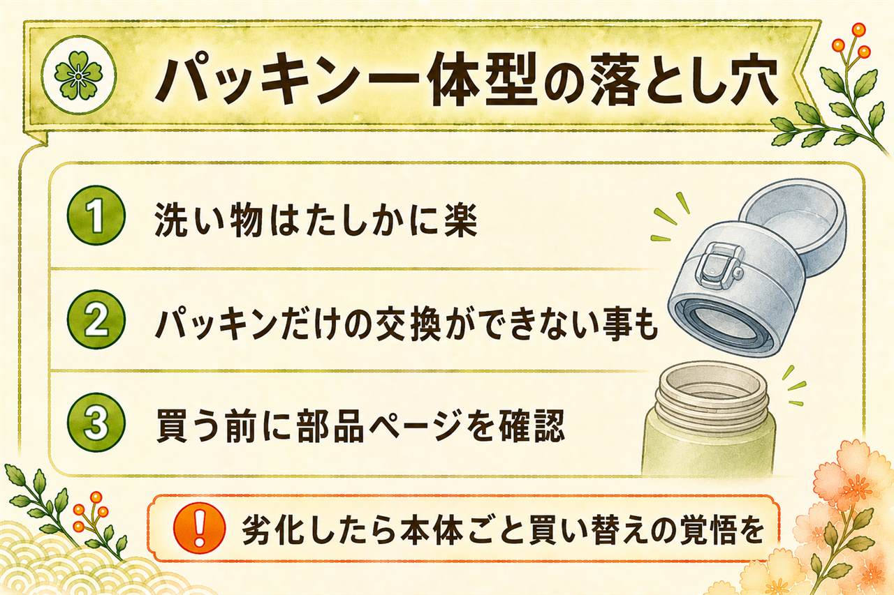 パッキン一体型水筒の判断カード:一体型はゴムが外れない構造で洗うのは楽だが交換はフタごと、劣化やカビに気づきにくく密閉レベルは機種次第、買う前にメーカー部品ページで型番検索してフタ部品の販売有無を確認