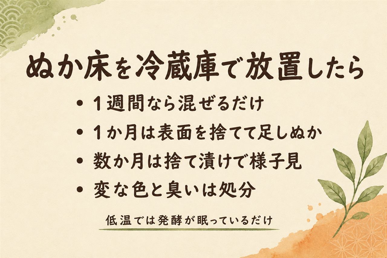 放置ぬか床のレスキューカード:冷蔵庫では発酵が止まるので意外と無事、1週間は混ぜるだけ・1か月は表面除去・3か月からは足しぬかと捨て漬けで復活、緑や黒のカビとシンナー臭とアンモニア臭は処分、次からは塩蓋か冷凍で休ませる