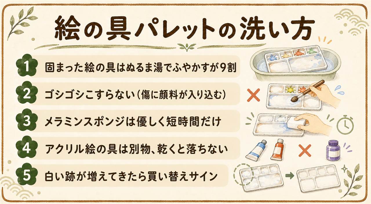 絵の具パレットの洗い方カード:水彩絵の具は乾いても水に戻るのでぬるま湯に10〜30分つけてふやかしてなでて落とす、残った汚れは消しゴムからメラミンスポンジの弱い順、アクリル絵の具は乾くと落ちない別物、シンナーなど強い溶剤はNG、剥がれた固まりは流さずゴミへ