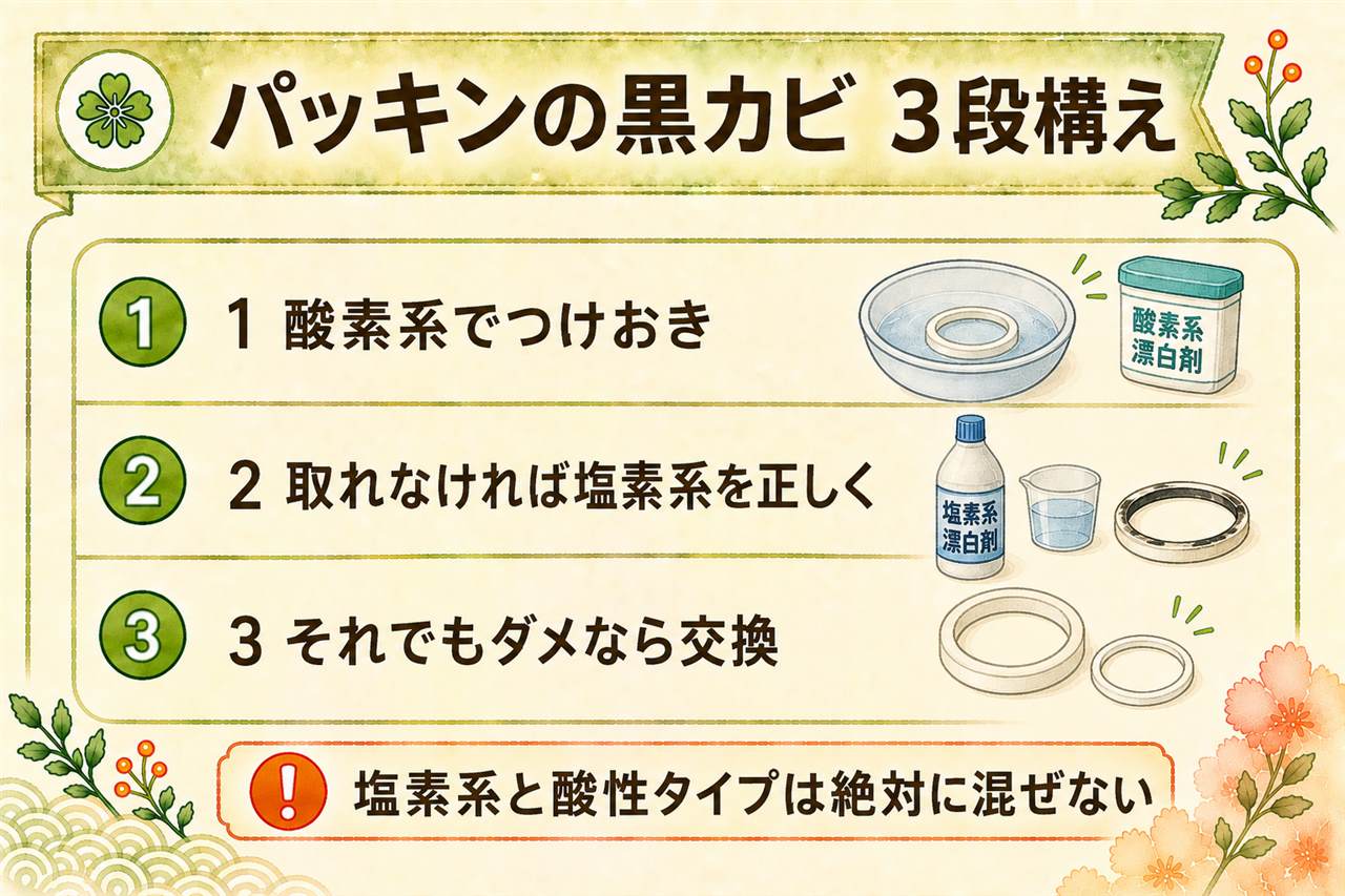 水筒パッキンのカビ取りカード:黒い点は菌糸がゴムに食い込んだカビで、まず酸素系漂白剤のぬるま湯つけおき2時間、残れば塩素系を製品表示どおりパッキンのみに使用、塩素系と酸性タイプ・クエン酸の併用は有毒ガスで厳禁、それでも残る黒ずみは数百円の純正パッキン交換、予防は外して乾かす習慣