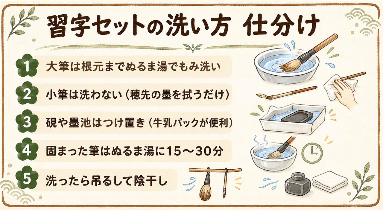 習字セットの洗い方カード:大筆はぬるま湯で根元までもみ洗い、小筆は洗わず濡れた紙で穂先を拭うだけ、硯と墨池は牛乳パックでつけ置き、下敷きは拭くだけ、筆は吊るして陰干しし完全に乾いてからケースへ、墨の固まりは流さずゴミへ