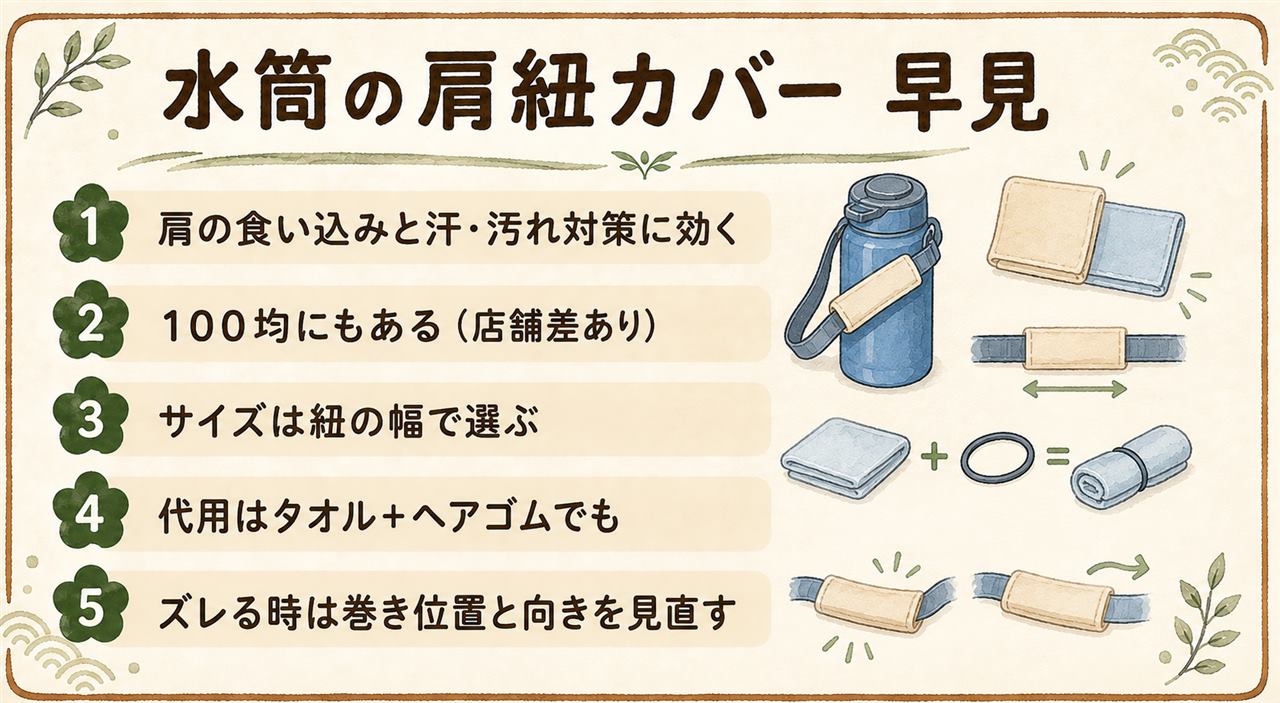 水筒の肩紐カバー早見カード:役割は食い込みの分散と汗取り、セリアはトラベルコーナーのショルダーパッド・ダイソーは水筒売り場と季節コーナーを探す、紐幅を測ってから買う、急ぎはタオルとヘアゴムで代用、遊ぶ時は水筒を外す