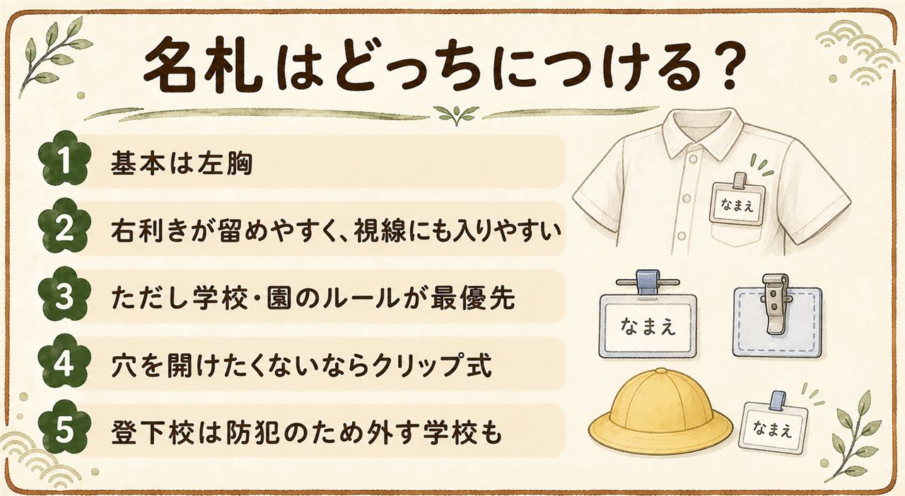 名札のつけ方早見カード:基本は左胸で右利きの動作と視線の慣習が理由、学校ルールが最優先、穴を開けたくない時はクリップ式や当て布、安全ピンは閉じて保管、登下校では氏名を見せないのが防犯の基本