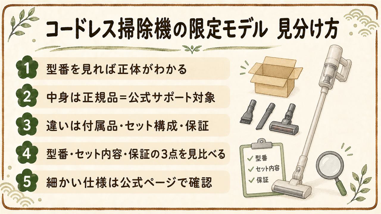ジャパネットのダイソンの見分け方カード:型番の数字は本体の世代で通常モデルと共通、末尾の英字は付属構成の目印、セット・下取り・長期保証は販売店の足し算、正体はダイソン公式サポートの型番検索で確認