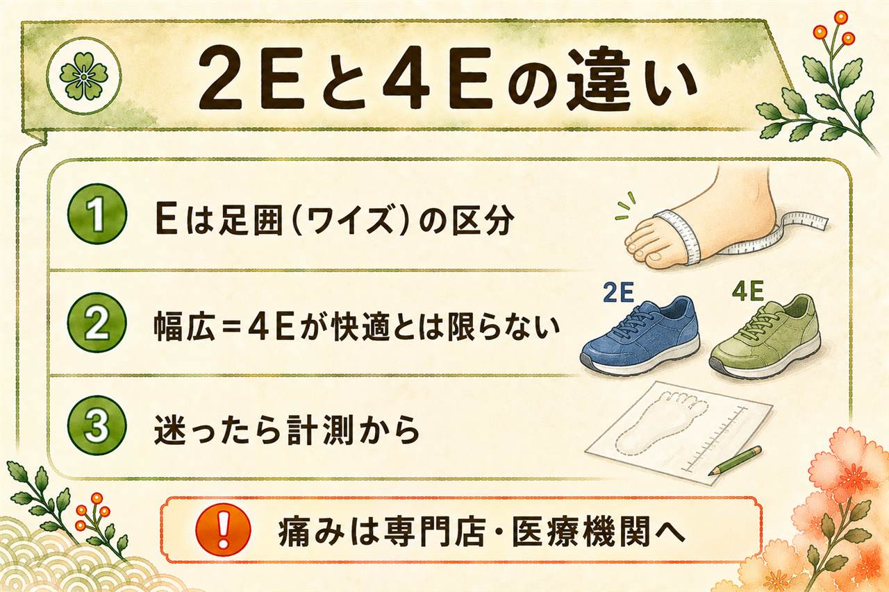 アシックスの2Eと4Eの違い早見カード:ワイズは足長と足囲の組み合わせで決まる区分、E・2E・3E・4Eの順にゆったり、広すぎるとかかとが浮いて逆効果、計測は午後に両足で、痛みがあるときは専門店と医療機関へ