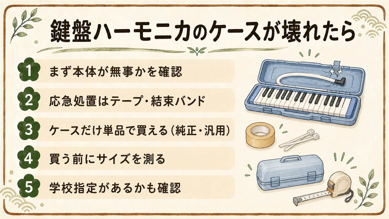 鍵盤ハーモニカのケースが壊れた時のカード:まず本体の音を確認、応急はテープと結束バンドで固定し割れた切り口はテープで覆う、純正ケースは本体の型番で単品購入でき汎用ケースは実測サイズで選ぶ、本体も不調ならセット買い替えが得