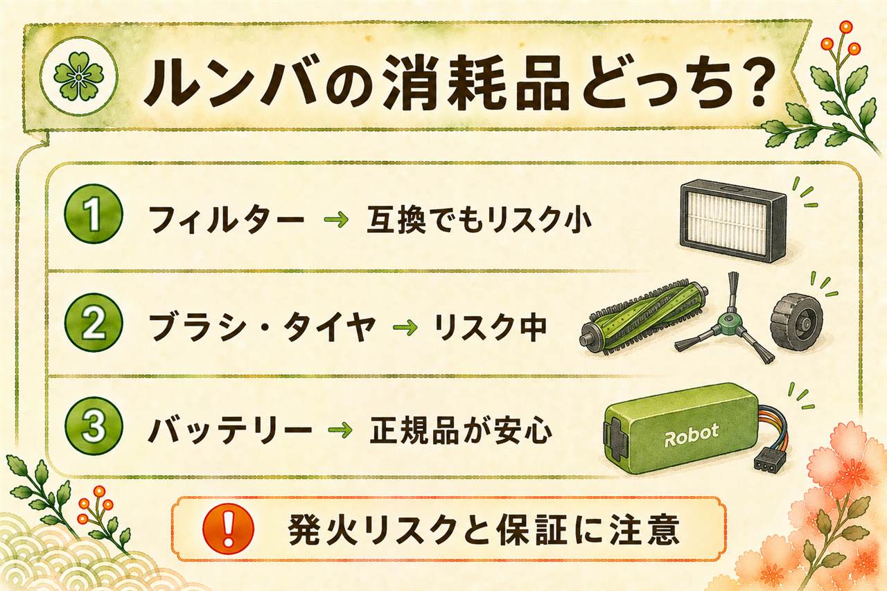 ルンバの消耗品・正規品と互換品の早見カード:フィルターはリスク小で互換品も選択肢、ブラシとタイヤはリスク中で純正寄りが合理的、バッテリーはリスク大で発火の注意喚起があり純正一択、指定外部品が原因の故障は保証対象外
