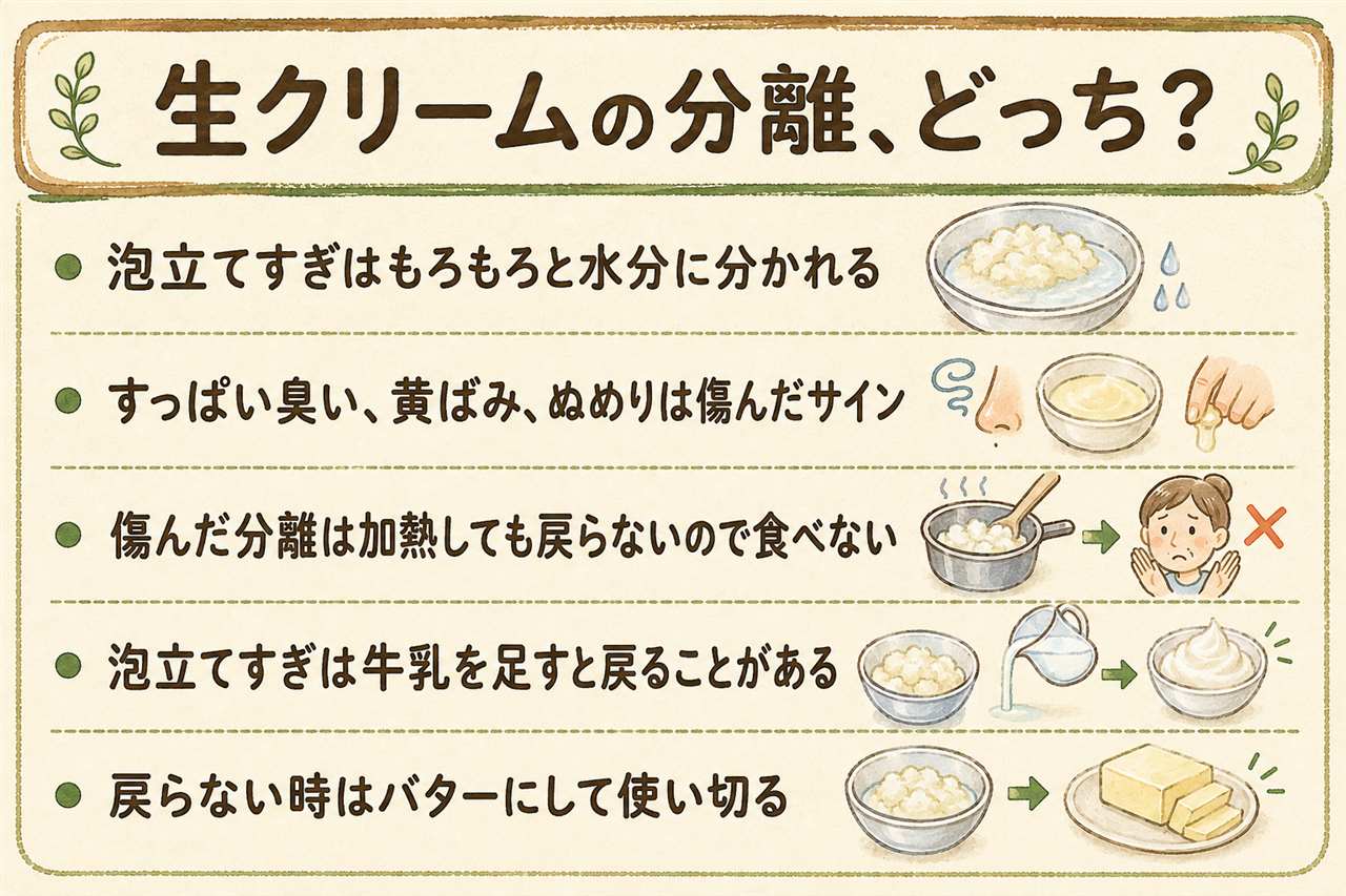 生クリームが分離した時の見分けカード:泡立てすぎの分離は白くてミルクの香りで牛乳を足すかバターにする、傷んだ分離は酸っぱい臭い・黄ばみ・ぬめりがあり加熱しても戻らないので食べない、予防は氷水で冷やしてツヤが消える前に止める