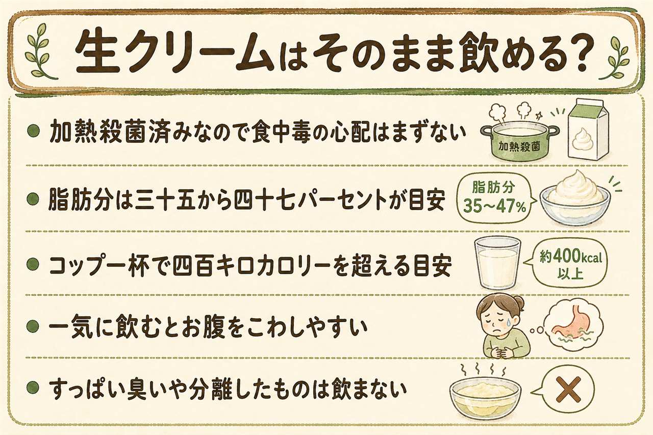生クリームをそのまま飲むときの早見カード:市販品は加熱殺菌済みで食中毒の心配はないが脂肪分35から47パーセントで100mLは約400kcal、飲むなら大さじ1から2杯を食後に、酸っぱい臭い・分離・黄ばみ・ぬめりがあるものは飲まない、開封後は2から3日が目安