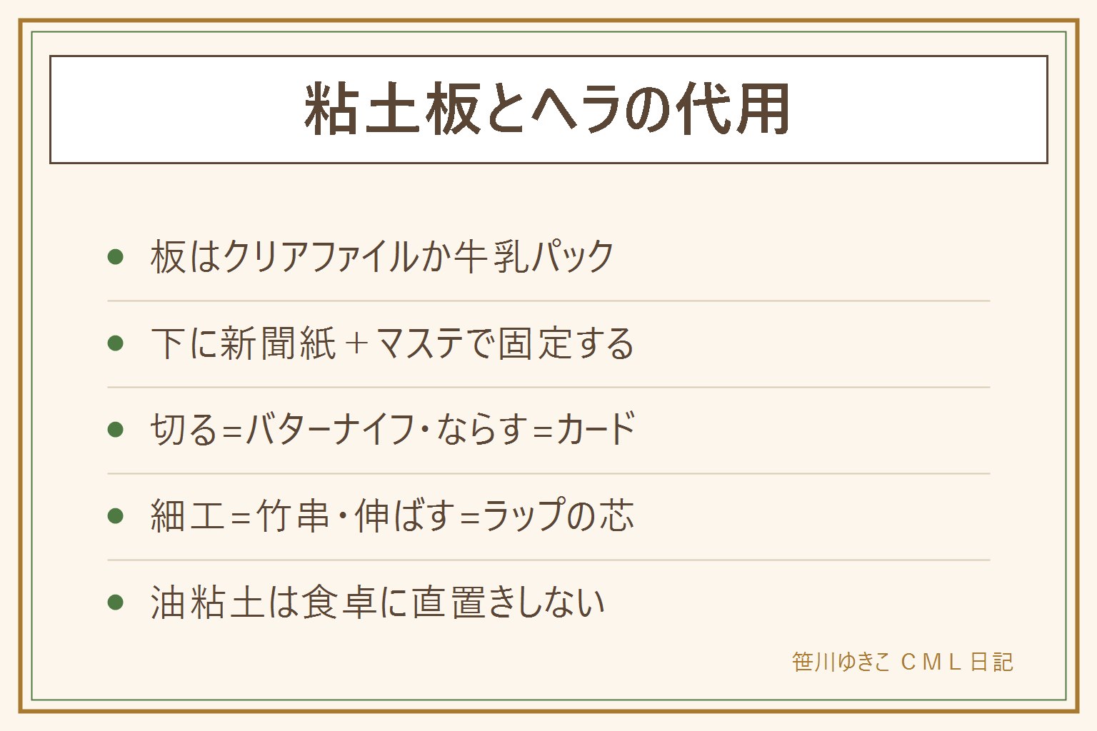 粘土板とヘラの代用カード:板はクリアファイルか開いた牛乳パックで下に新聞紙を敷いてマステで固定、油粘土は食卓に直置きしない。ヘラは切るのがバターナイフ、ならすのが定規やカードの縁、細工が竹串とストロー、伸ばすのがラップの芯。紙粘土のくっつきは水かハンドクリーム、中断はラップでぴっちり包む。粘土くずは粘土の塊で押さえて回収