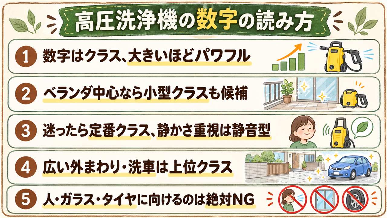 ケルヒャーKシリーズ早見カード:数字はパワーと装備のクラスで、K1クラスは軽さ最優先でベランダ向き、K2クラスは定番で洗車や外壁まで、K3クラス以上は水冷モーターで静かさと耐久重視。高圧水流は人・ガラス・タイヤに向けない
