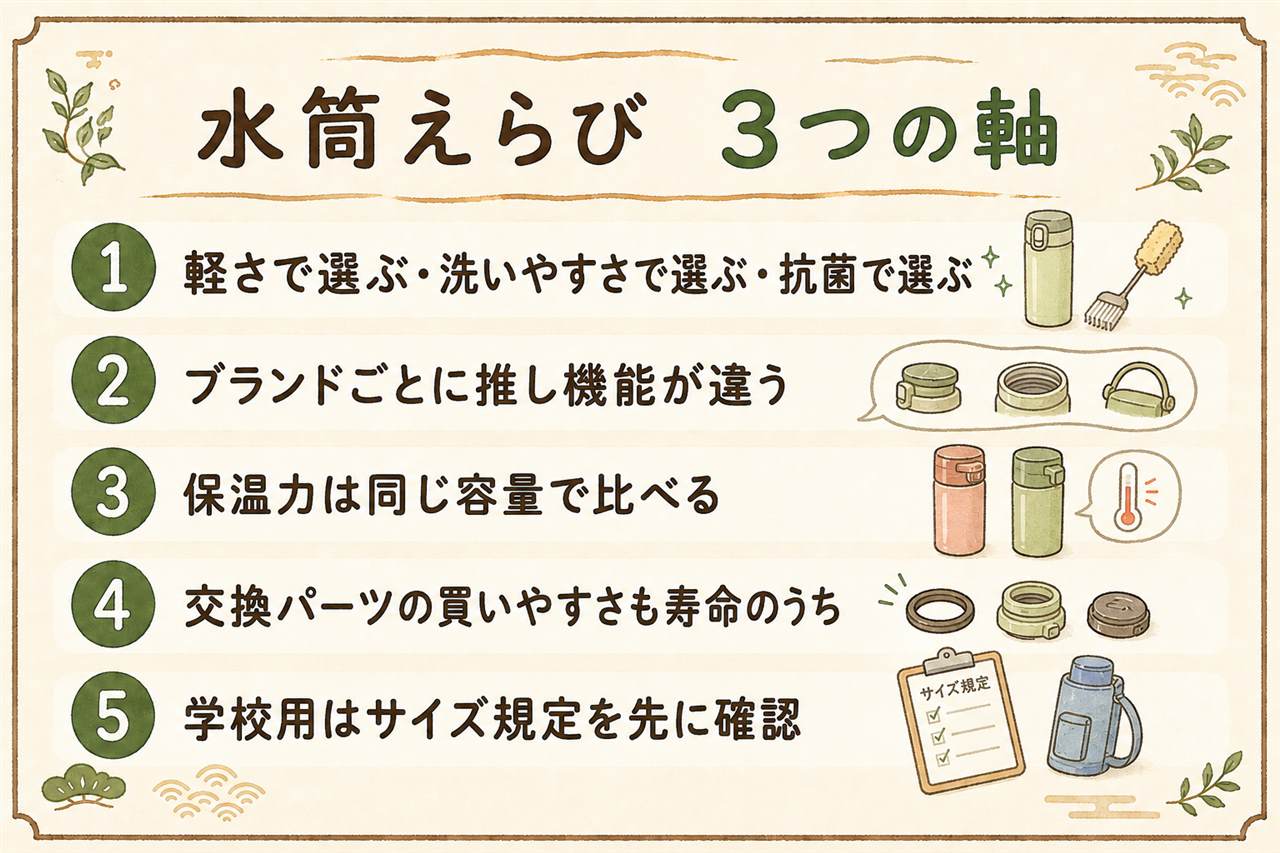 水筒3ブランド比較カード:サーモスは軽さと食洗機対応のまる洗ユニット、象印はせんとパッキン一体のシームレスせん、タイガーは抗菌加工と内面スーパークリーンPlus加工でスポドリ対応。保温の基本力は拮抗しているので自分の困りごとで選ぶ