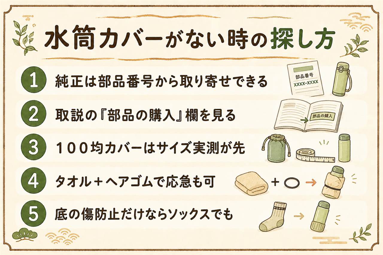象印の水筒カバー代用カード:まず本体品番から取説の部品番号を調べて象印パーツダイレクトで純正ポーチを探す。廃番なら直径プラス5ミリ前後の余裕と高さを実測して100均や市販カバーで代用、応急はタオルと輪ゴム。結露の乾燥と底の保護に注意