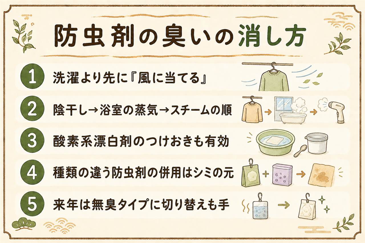 防虫剤の臭いの消し方カード:洗濯で取れないのは成分が水に溶けにくいから、まず日陰で風に当てる、急ぎは浴室の蒸気かスチームアイロン、残ったら酸素系漂白剤、パラジクロロベンゼン・ナフタリン・しょうのうの併用はシミの原因でNG