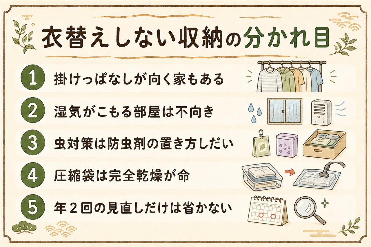 衣替えしない収納の判断カード:余白と風通しがありウールが少ない家は掛けっぱなしOK、詰め込み気味で湿気の多い家は虫とカビのリスク、ウールだけ防虫剤と密閉収納へ、圧縮袋は洗濯と完全乾燥をしてから使う