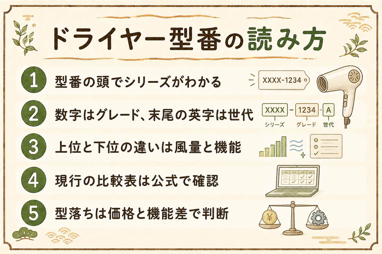 パナソニックのドライヤー型番読み方カード:EHの後ろの英字2文字がシリーズでNAはナノケア・NCは最上位・NEはイオニティ、数字はグレードで0が最上位、末尾の英字は世代で後の文字ほど新しい、ハイフン後は色記号