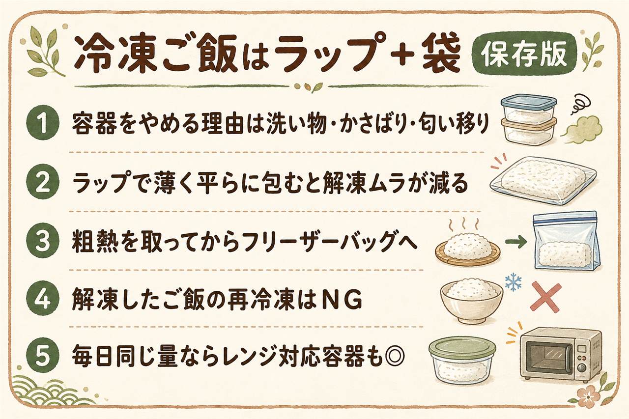 冷凍ご飯の保存容器をやめるか迷ったときの早見カード:容器の困りごとは洗い物・かさばり・匂い移り、ラップは1膳ずつ湯気ごと包んで平らにしフリーザーバッグで保護、粗熱は手早く取り再冷凍はNG、毎日同量でそのまま食べたい人は容器が向く