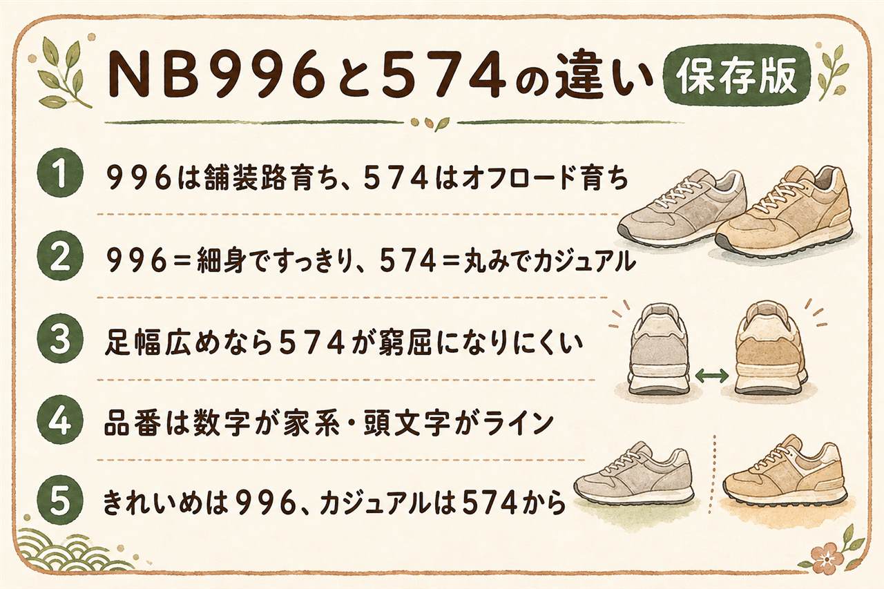 ニューバランス996と574の違い早見カード:996は舗装路育ちの900番台で細身のSL-1ラスト・きれいめ服向き、574はオフロード育ちの500番台で丸みのSL-2ラスト・カジュアル向き、品番は数字が家系で頭文字がラインの区別