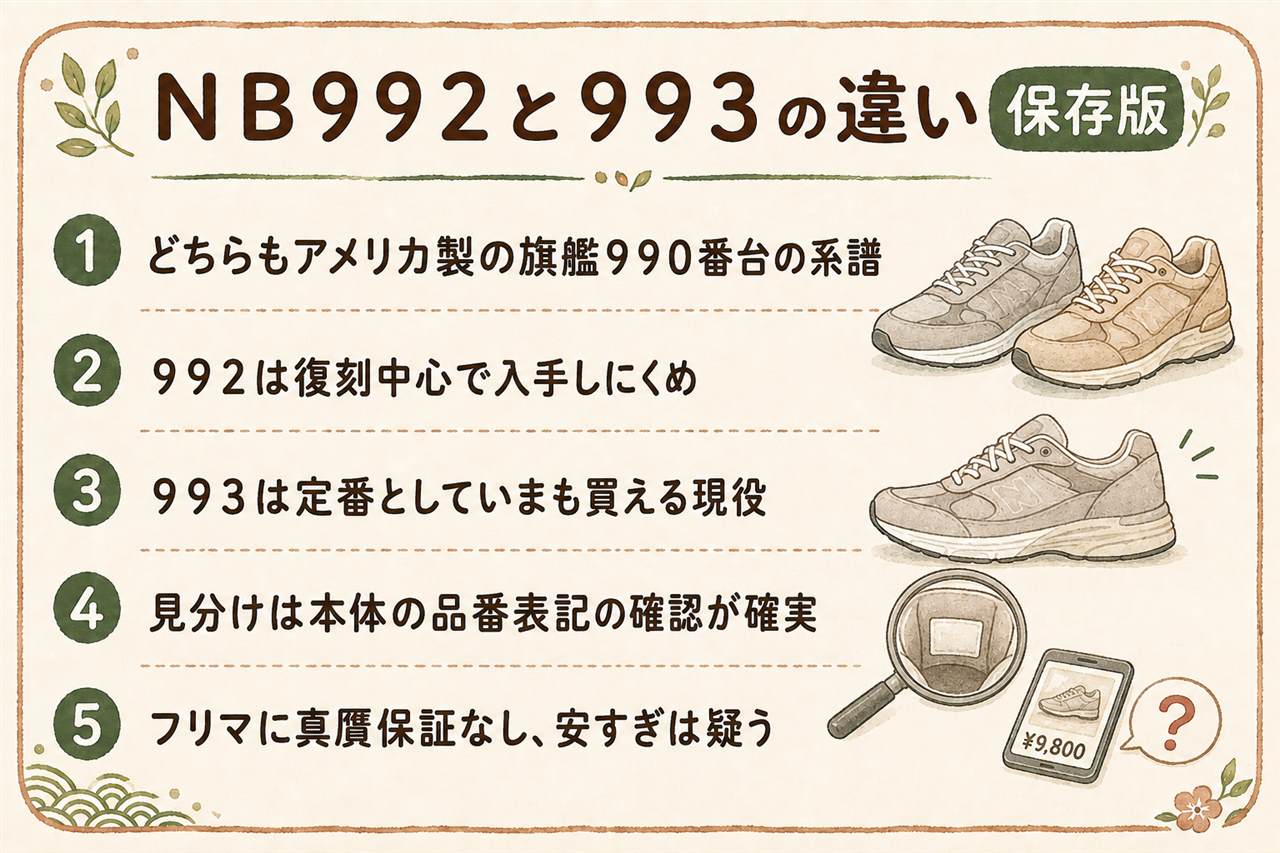 ニューバランス992と993の違い早見カード:990番台はアメリカ製フラッグシップの系譜で992は2006年の100周年モデル・現在は復刻中心、993は2008年登場の後継で現在も定番供給、見分けは品番表記で確認、個人間売買の真贋保証はない