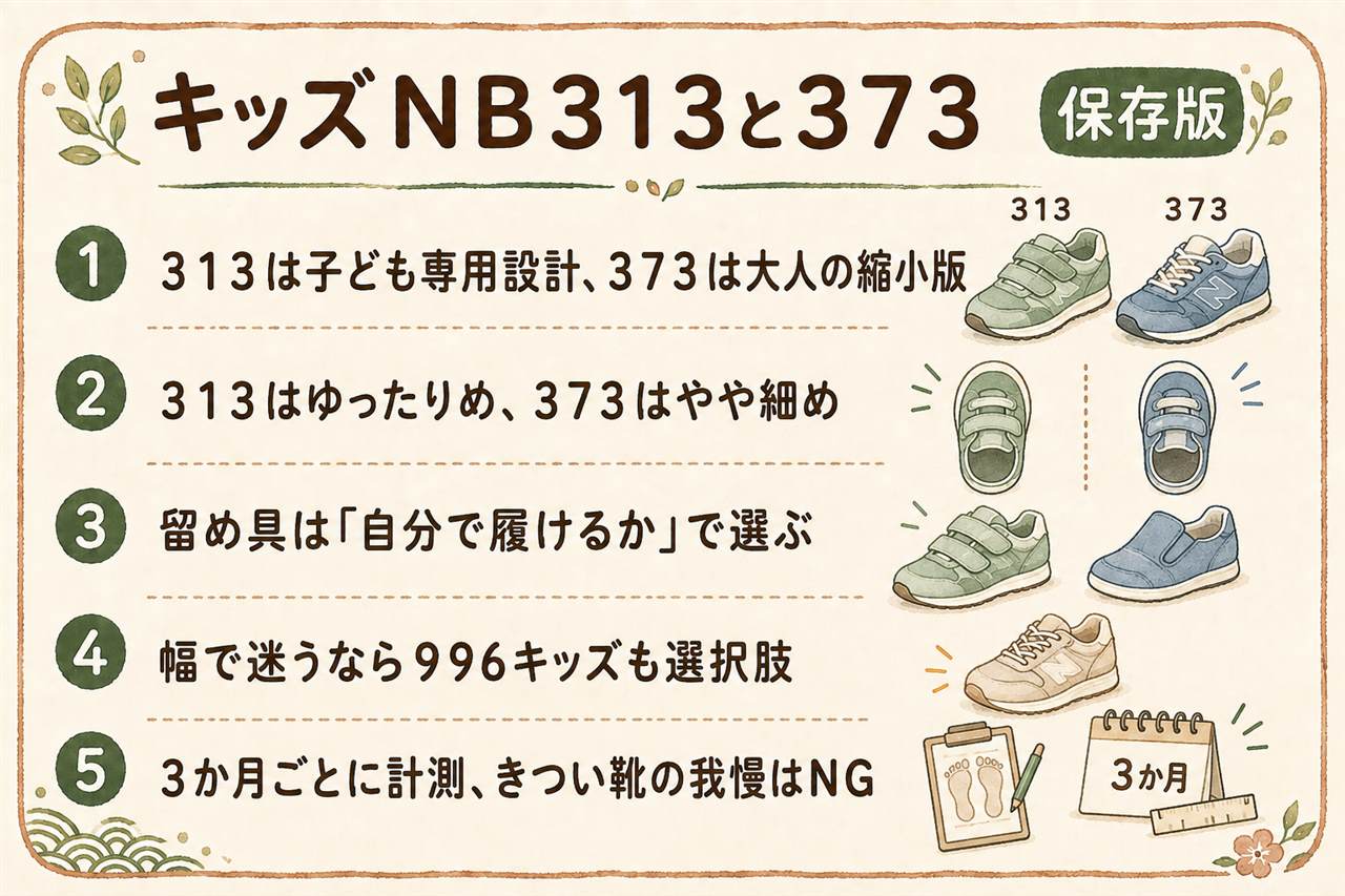 ニューバランスキッズ313と373の見分けカード:313は子ども専用設計で全モデルゆったり幅W・面ファスナー中心、373は大人373のキッズ版でジュニアは細め幅M・ゴムひも式、幅で迷ったらM/Wを選べる996キッズ、サイズは3か月ごとに計測