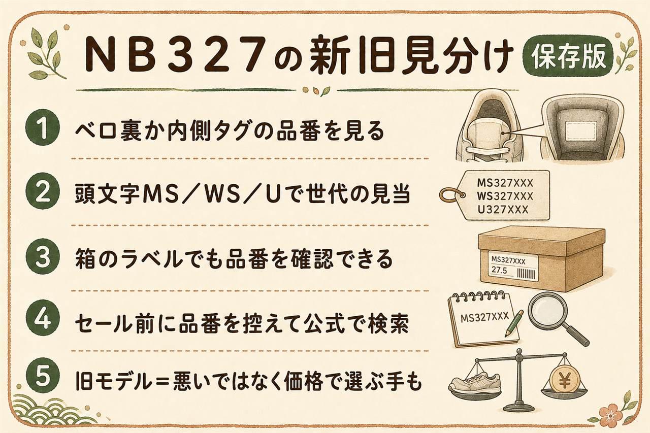 ニューバランス327の世代見分けカード:327は2020年デビューで70年代3モデルの再構築、旧モデルと呼ばれるのはMS327とWS327、2023年登場のU327はアッパーにボリュームを持たせたユニセックス、見分けはシュータン裏タグの品番の頭文字で確認