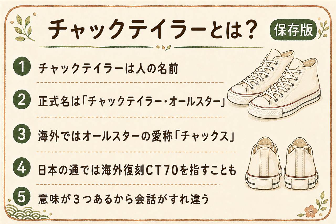 チャックテイラーとオールスターの違い早見カード:チャックテイラーは人の名前で正式名はチャックテイラー・オールスター、海外の復刻CT70を指す使われ方もある、見分けはかかとのラベルで定番は文字と星・CT70は三ツ星、日本にはオールスターレガシーという選択肢