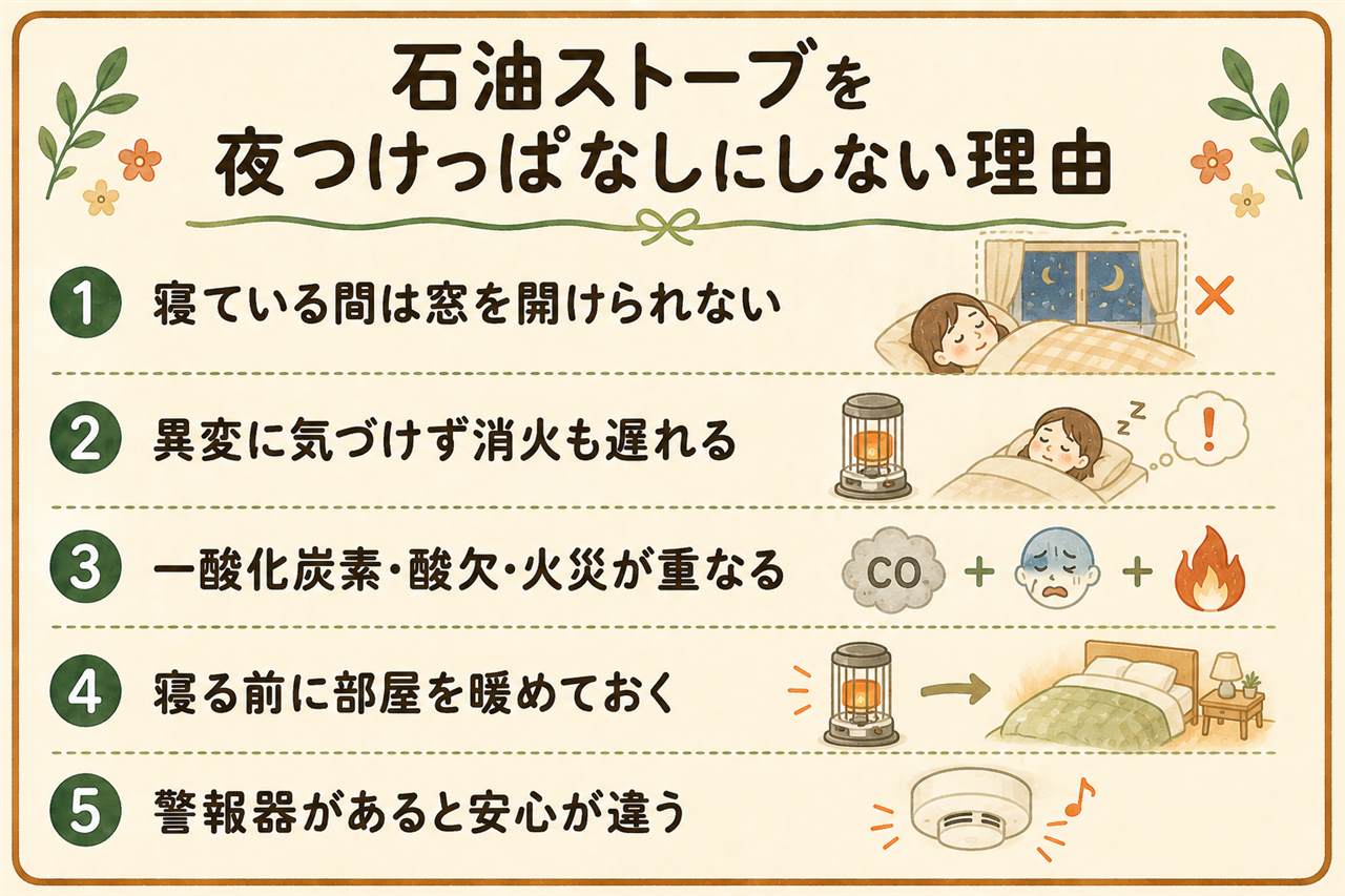 石油ストーブを夜つけっぱなしにしない理由の早見カード:眠っているあいだは窓を開けられず異変にも気づけずすぐ消せないの3つが重なる、一酸化炭素は無色無臭で気づけない、酸欠が進むと不完全燃焼が悪化する、火災は発見が遅れる、寝る前に部屋を暖めきって消し湯たんぽや電気毛布やタイマー暖房に切り替える、どうしても使うなら一酸化炭素警報器と換気経路を確保する