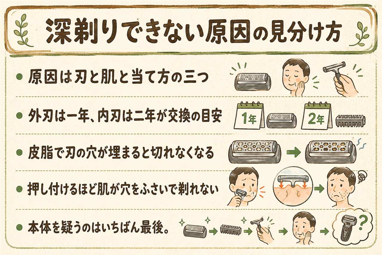 電気シェーバーで深剃りできない時の切り分けカード:原因は刃・肌・当て方の3つ、洗って戻るなら汚れで戻らないなら替刃の交換どき、外刃1年と内刃2年は目安、押し付けると逆に剃れない、朝はむくみで毛が埋もれる、刃は素手で拭かない