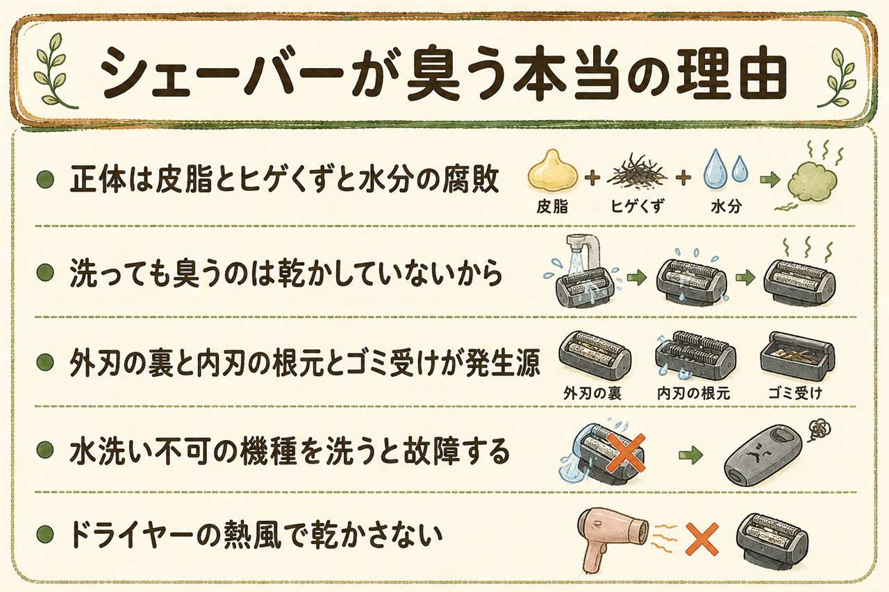 電気シェーバーの臭い対策カード:においの正体は皮脂とヒゲくずと水分が混ざって傷んだもの、発生源は外刃の裏と内刃の根元とゴミ受けの3か所で表からは見えない、水洗いしているのに臭う最大の原因は洗ったあとに乾かしていないこと、洗う工程と乾かす工程でひとつの作業、洗浄液対応機は指定の洗浄液で自動洗浄、水洗い可の機種はぬるま湯で洗い刃を外して自然乾燥、水洗い不可の機種はブラシで払うだけで水は使わない、石けんは機種しだいですすぎ残しが新たなにおいのもと、取れないにおいは外刃およそ一年内刃およそ二年の交換時期のサイン、ドライヤーの熱風で乾かさない、刃を素手で拭かない