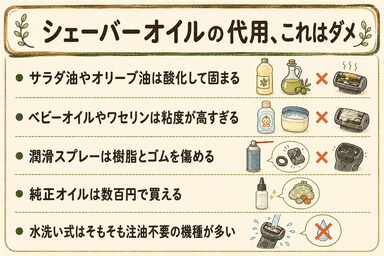 電気シェーバーのオイル代用カード:判断の軸は樹脂やゴムを侵さないかと粘度が低いかの二つ、サラダ油やオリーブ油など食用油は酸化して樹脂化し刃に固着するので不可、ワセリンや軟膏は粘度が高すぎて刃の動きを妨げるので不可、機械用の潤滑スプレーは樹脂やゴムを侵す成分を含み可燃性なので不可、ベビーオイルとミシン油は成分は近いが粘度や添加物が違い保証対象外、専用オイルは数百円、洗浄液対応機はそもそも注油不要な場合あり、差し方は外刃の上から数滴で差しすぎは逆効果