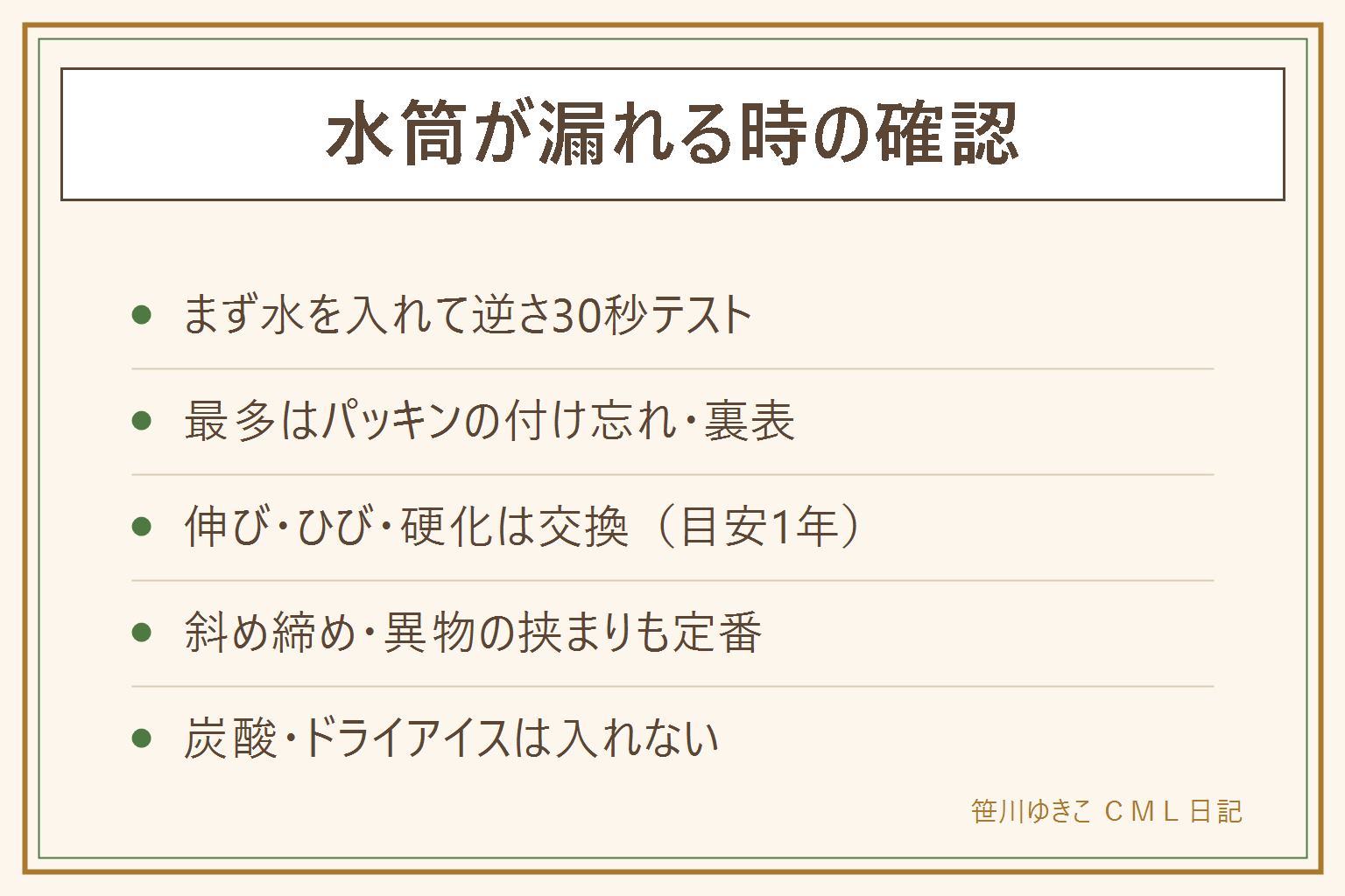 水筒が漏れる時の確認カード:まず水を入れて逆さ30秒横30秒のテストでどこから漏れるか見る。最多原因はパッキンの付け忘れ・裏表逆・浮きで、洗った後の漏れはまず水切りカゴを点呼。伸び・ひび・硬化があればパッキン交換で目安は1年、本体の型番で純正品を探す。斜め締め・パッキンのねじれ・茶葉や氷の挟まりも定番。炭酸とドライアイスは内圧で噴き出すため入れない、熱い汁物はスープジャー以外NG。直したら逆さテストをしてからカバンへ