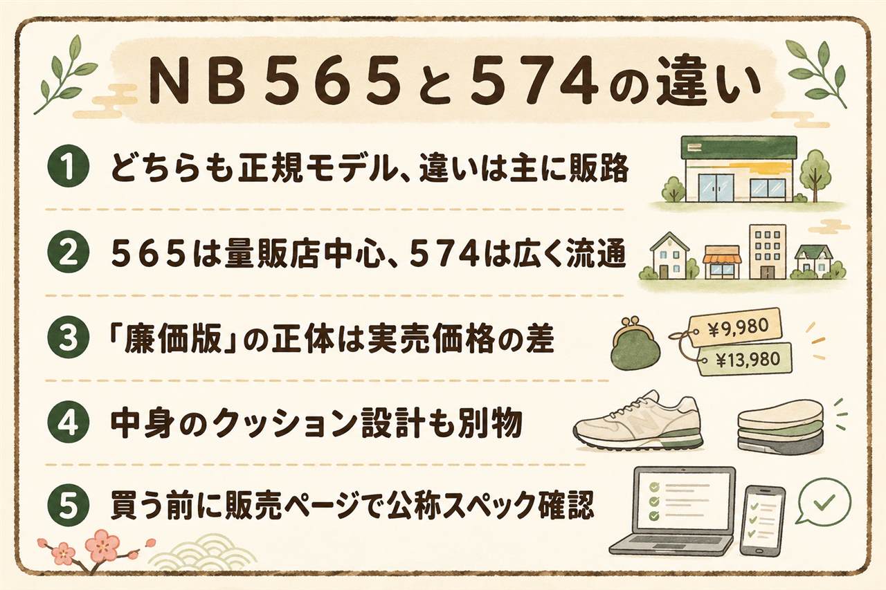 ニューバランス565と574の違い早見カード:565はC-CAP搭載で細身・量販店ルート中心、574はENCAP搭載で丸みのある定番・公式でも購入可、価格差の正体は販路の違いで定価は同水準