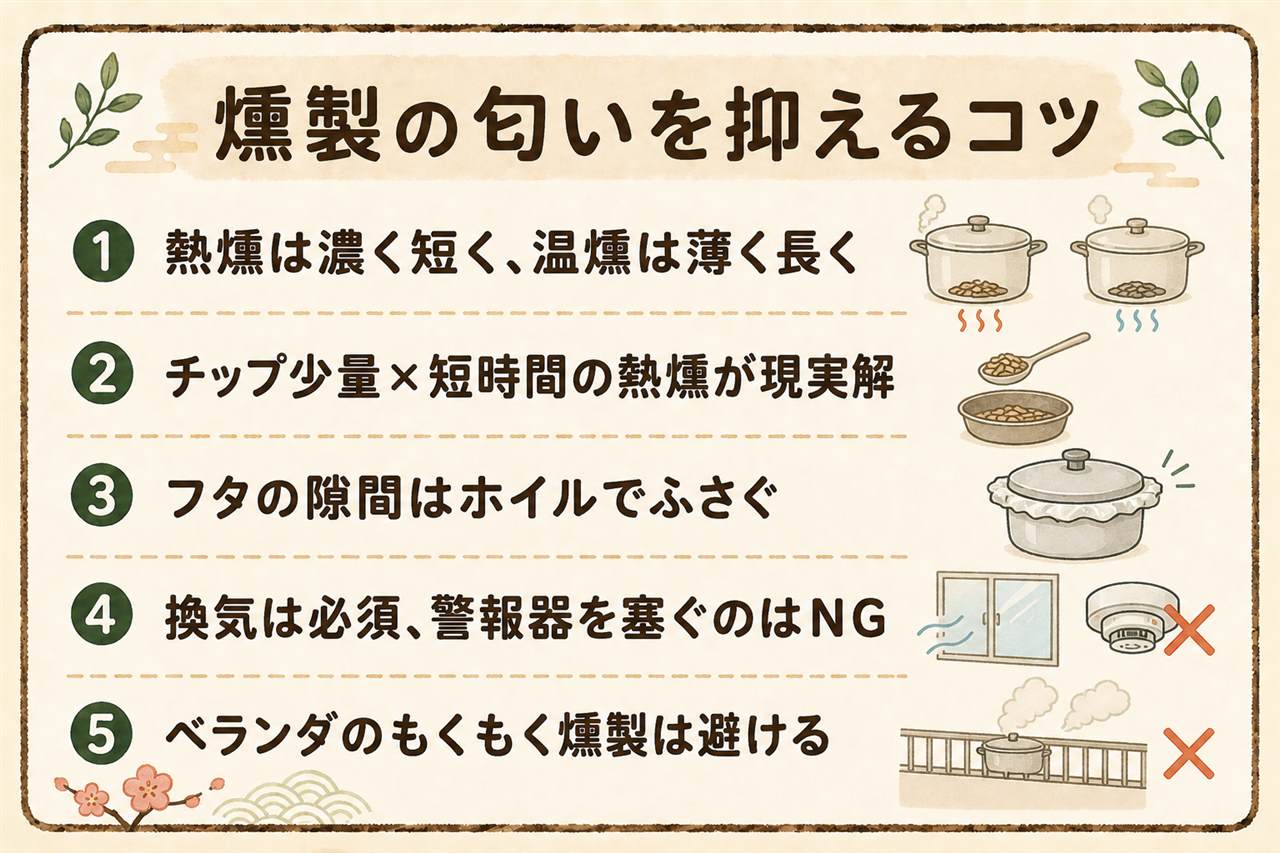 燻製の匂い対策カード:匂いの正体は煙の粒とタール、熱燻は濃く短く温燻は薄く長い、家庭は密閉容器とチップ少量の短時間熱燻が現実解、室内は換気扇の真下で換気必須・警報器を塞ぐのは絶対NG、ベランダのもくもく燻製はNG、使用後チップは水で完全消火